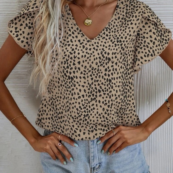 Ruffle frill short sleeve boho leopard top blouse bohemian orange white - Picture 4 of 7